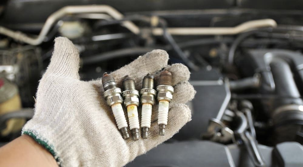 A gloved hand holding 4 spark plugs from a car.