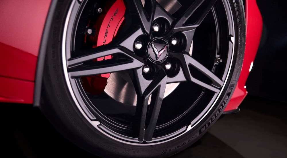 A close up of a high performance tire on a Chevy Corvette. 