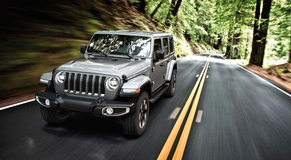 A 2019 Jeep Wrangler, which you can find when searching 'Jeep dealership near me', is driving on a treelined road.