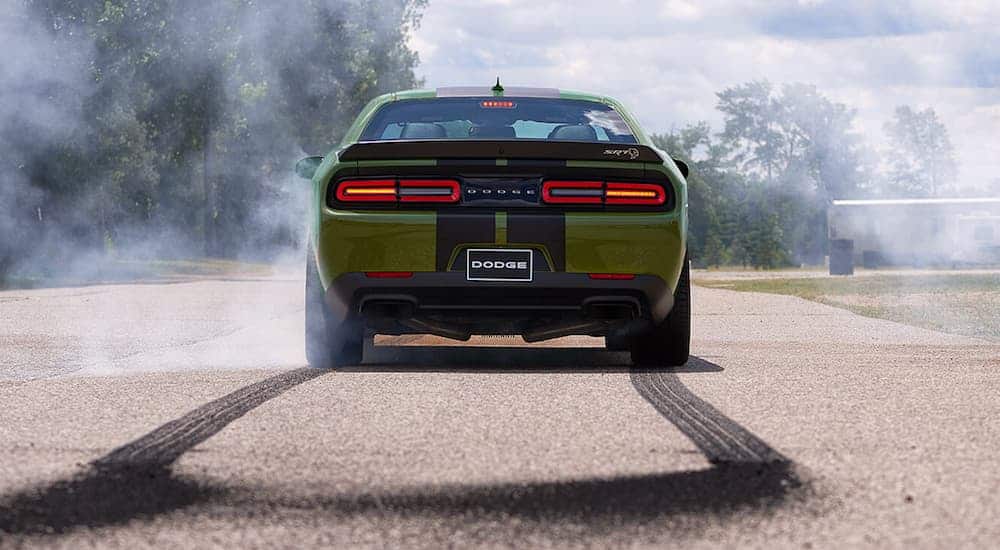 A green 2019 Dodge Challenger left burnout marks after leaving a tire shop.