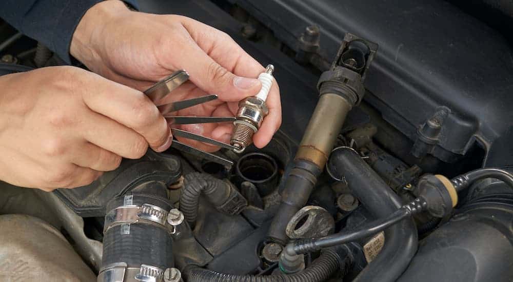 A mechanic is checking the gap on a spark plug during a Ford service near you.