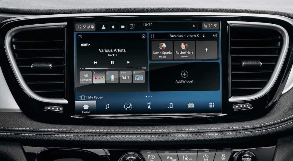 A close up shows the infotainment screen on a 2021 Chrysler Pacifica.