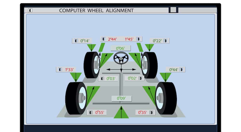 A close up shows the alignment specs during a wheel alignment.