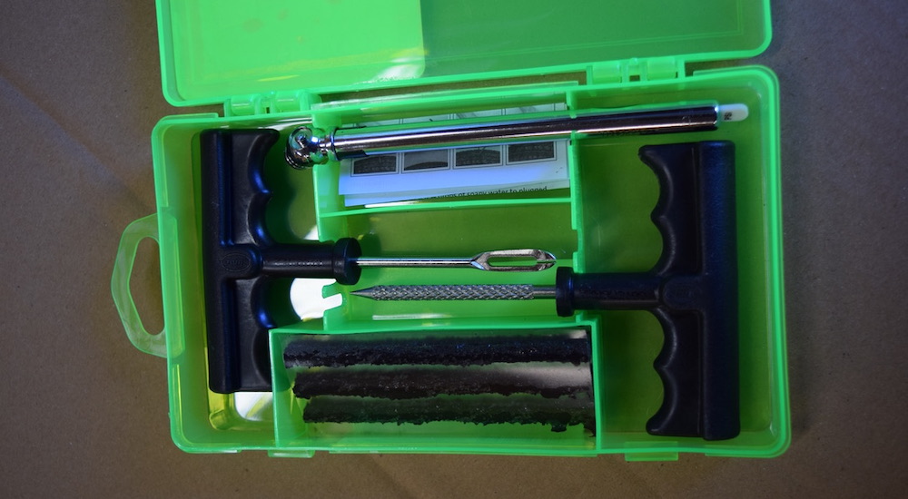 A green tire plug kit is shown.
