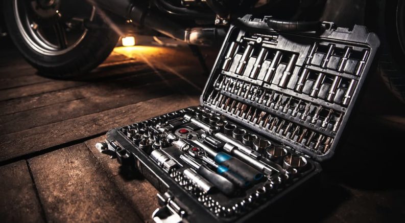 A tool set is shown inside of a garage.