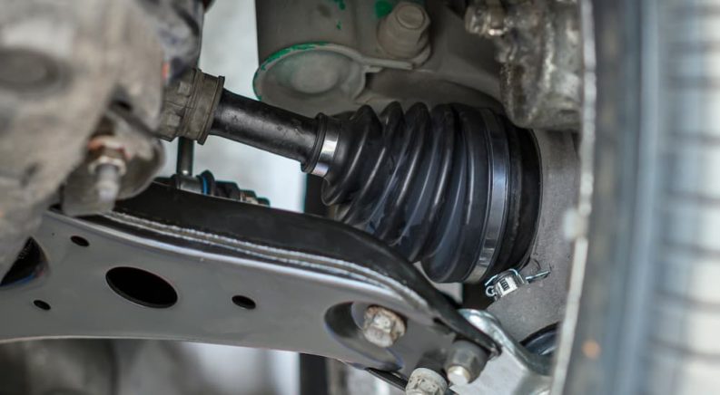A close up of a vehicle's CV joint is shown.