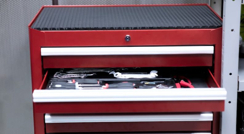A red tool box is shown in close up.