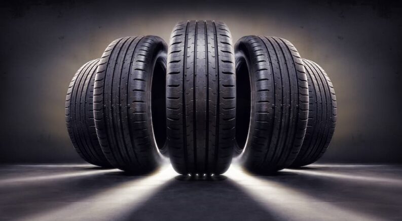 A line of five tires is shown.