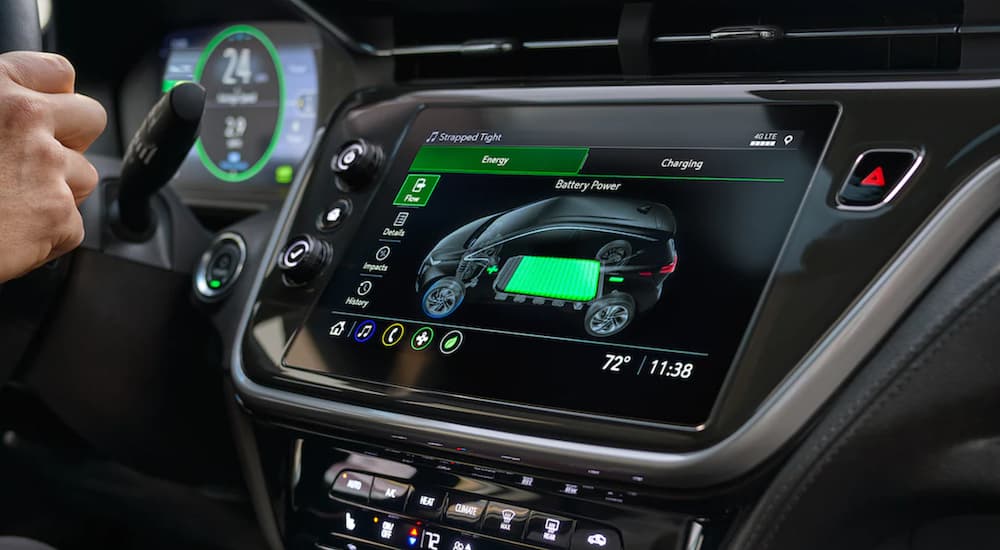 The interior and dash is shown on a 2022 Chevy Bolt EV.