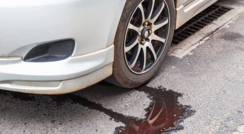 Power steering fluid is shown leaking from a white vehicle.