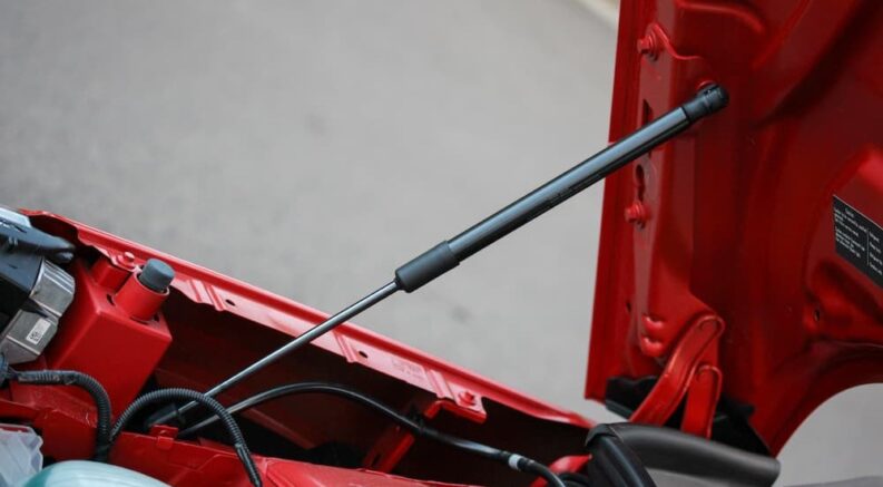 A black hood strut is shown being used on a red vehicles hood.