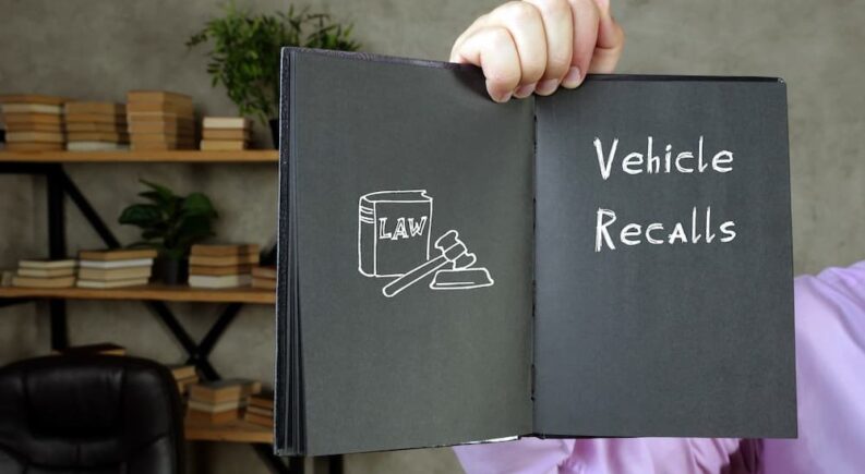 A person is shown holding a book with vehicle recall written on a page.