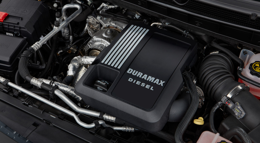 A close-up shows the 3.0 Duramax engine after receiving GMC Service.