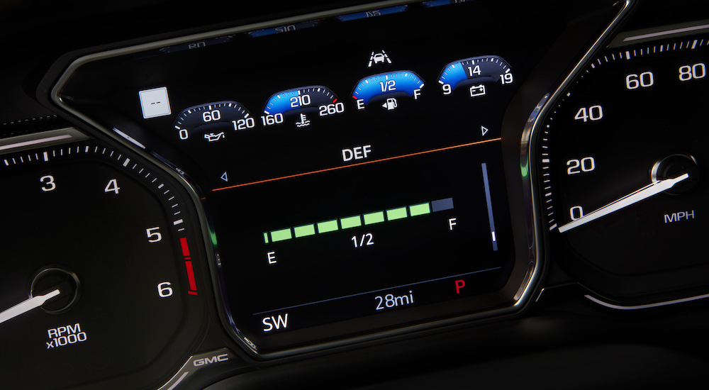 The dash of a 2021 GMC Sierra 1500 shows the DEF level.