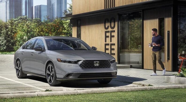 A grey 2023 Honda Accord is shown from the front after leaving a transmission shop.