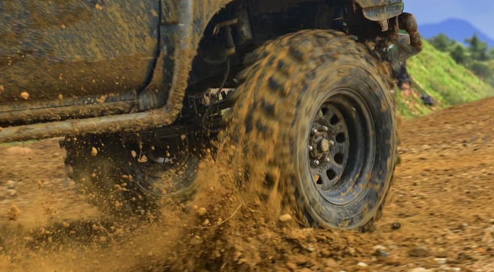 Close-up of a muddy tire.