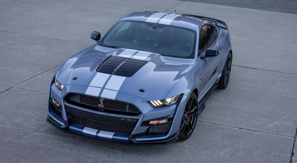 A grey 2022 Ford Mustang Shelby GT500 from the front.