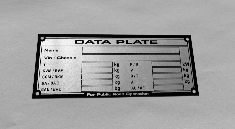 Close-up of a data plate.