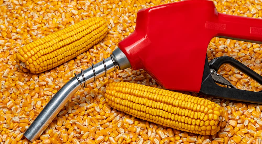 An ethanol fuel nozzle on top of a pile of corn